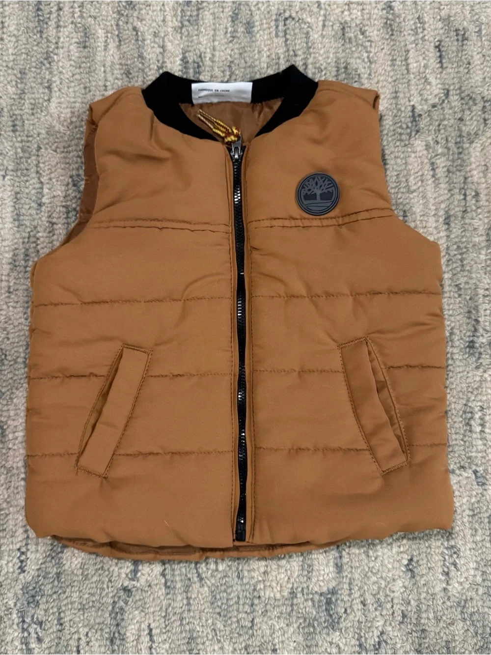 Timberland Brown and Black Quilted Puffer Vest with Yellow Accent